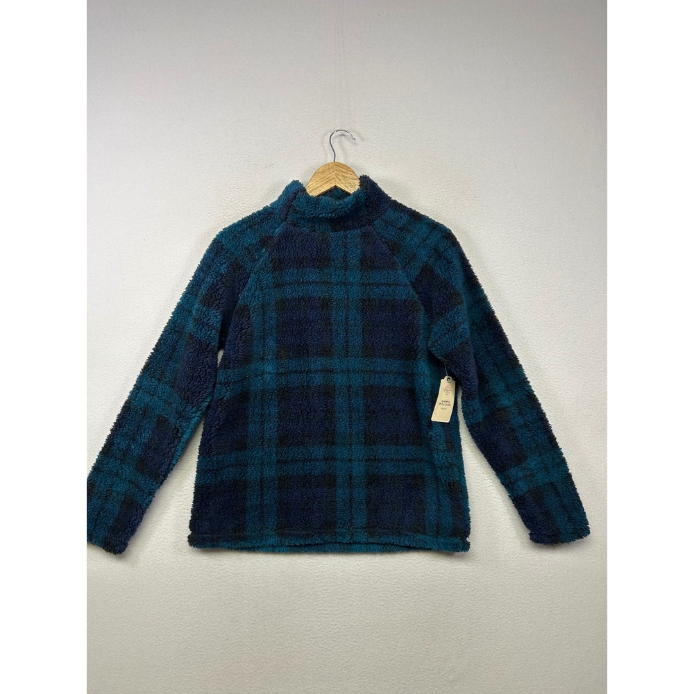 Cozy Gorpcore St. John's Bay Womens S Blue Plaid Sherpa Faux Fur Pullover Fleece